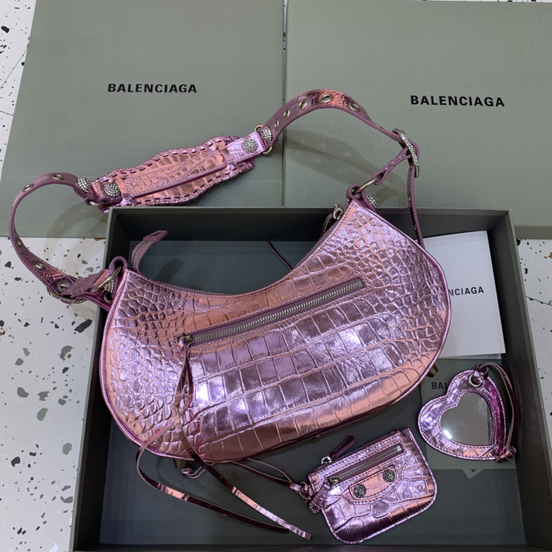 Balenciaga Le Cagole Small Shoulder Bag Crocodile Embossed Rhinestones Purple 